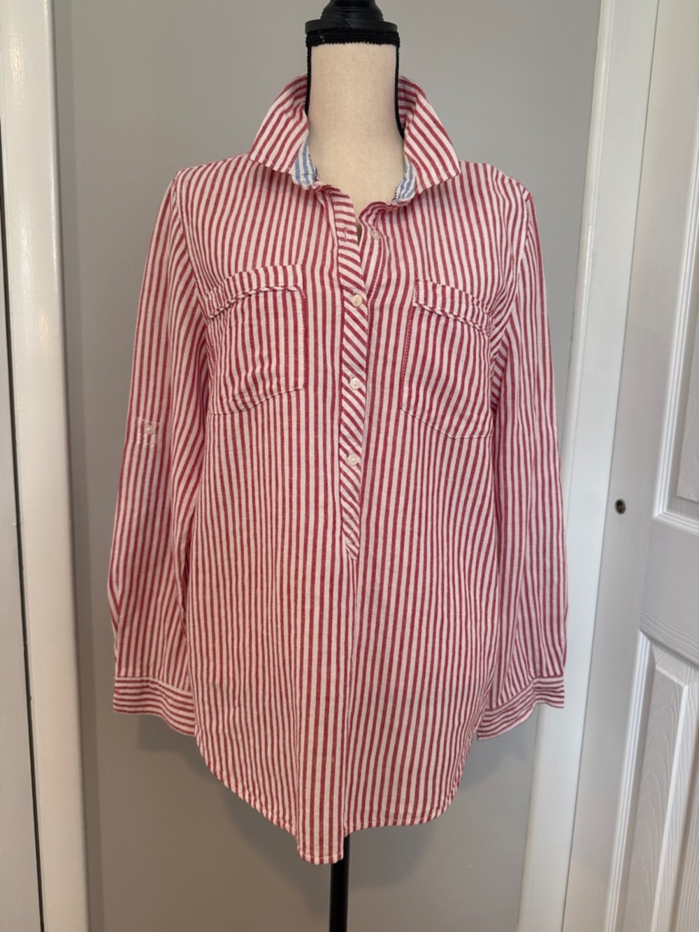 Tommy Hilfiger Red and White Striped Button-Front Shirt